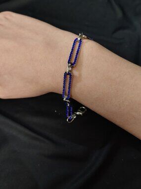 Blue Austrian Crystal Paperclip Chain Bracelet Silver Tone Adjustable 7.5-9.5"